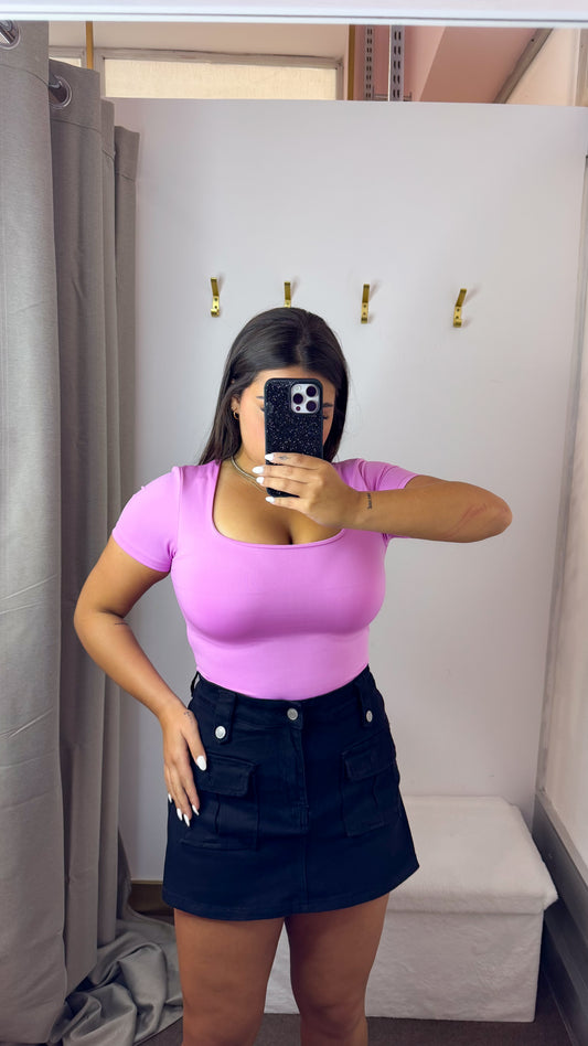 Body Poliamida Decote Quadrado Rosa